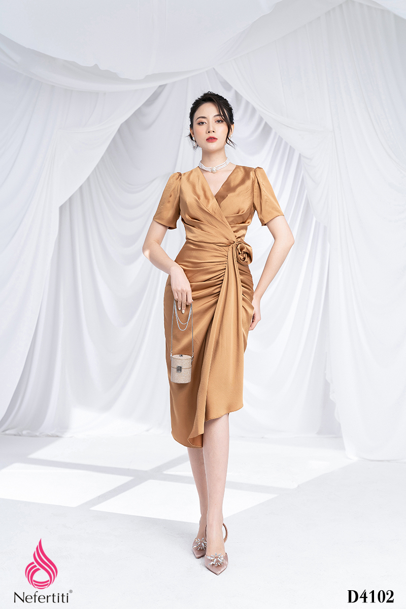 3D4102 - ĐẦM LỤA XẾP NHÚN VẠT CHÉO SANG TRỌNG