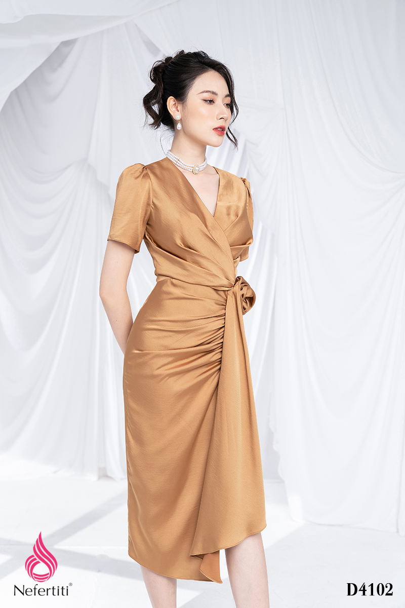 3D4102 - ĐẦM LỤA XẾP NHÚN VẠT CHÉO SANG TRỌNG