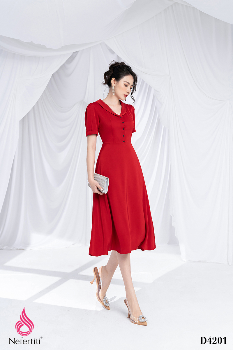 Đầm xòe kiểu tay dài cổ cúp ngực (Đỏ) | AlvinStore.Vn