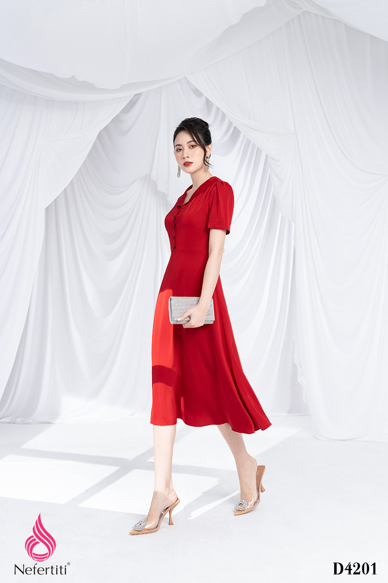 3D4201 - ĐẦM ĐỎ DÁNG XÒE THANH LỊCH