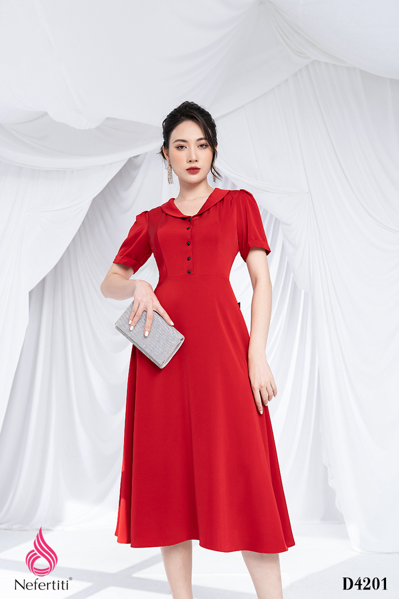 3D4201 - ĐẦM ĐỎ DÁNG XÒE THANH LỊCH
