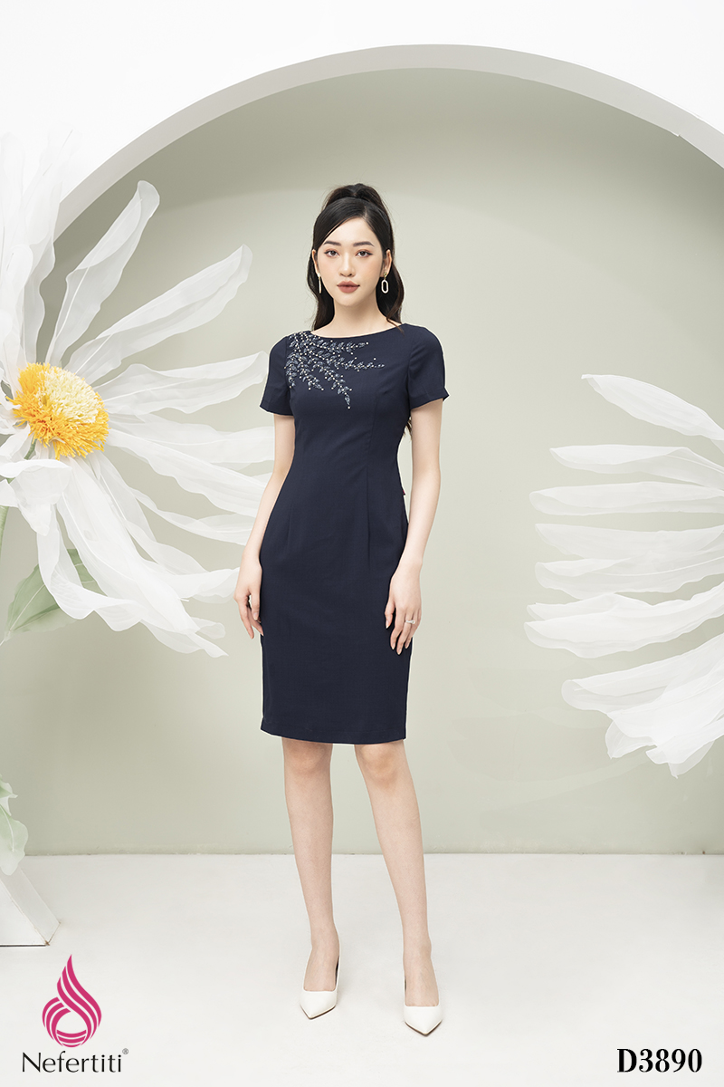 1D3890 - ĐẦM DÁNG ÔM ĐÍNH HOA TRANG TRÍ