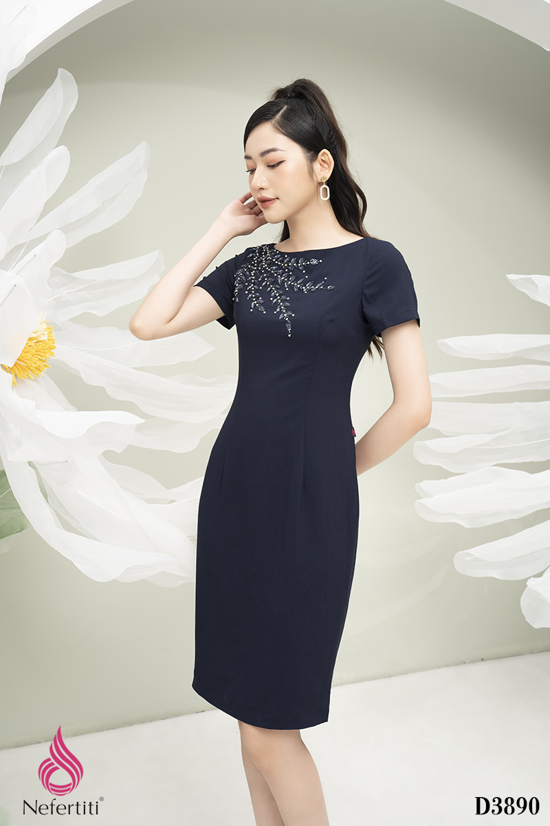 1D3890 - ĐẦM DÁNG ÔM ĐÍNH HOA TRANG TRÍ