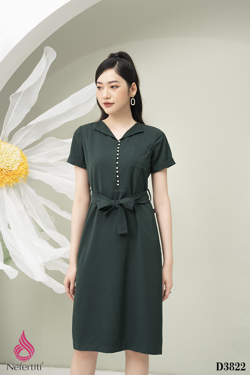 1D3822 - ĐẦM LỤA DÁNG SUÔNG THẮT ĐAI EO