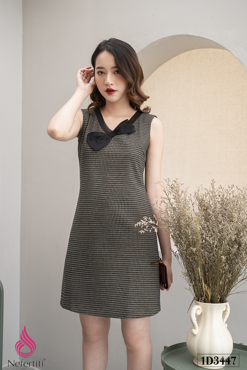 3D3447 - ĐẦM SUÔNG CỔ ĐÍNH NƠ