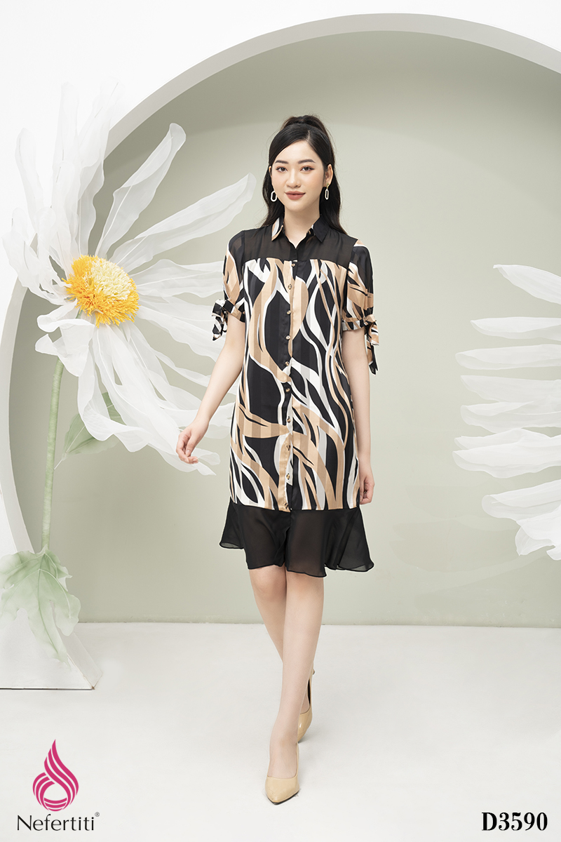 1D3590 - ĐẦM SƠ MI TAY THẮT NƠ CÁCH ĐIỆU