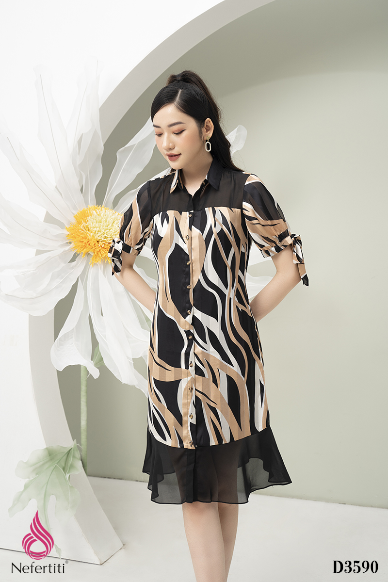 1D3590 - ĐẦM SƠ MI TAY THẮT NƠ CÁCH ĐIỆU