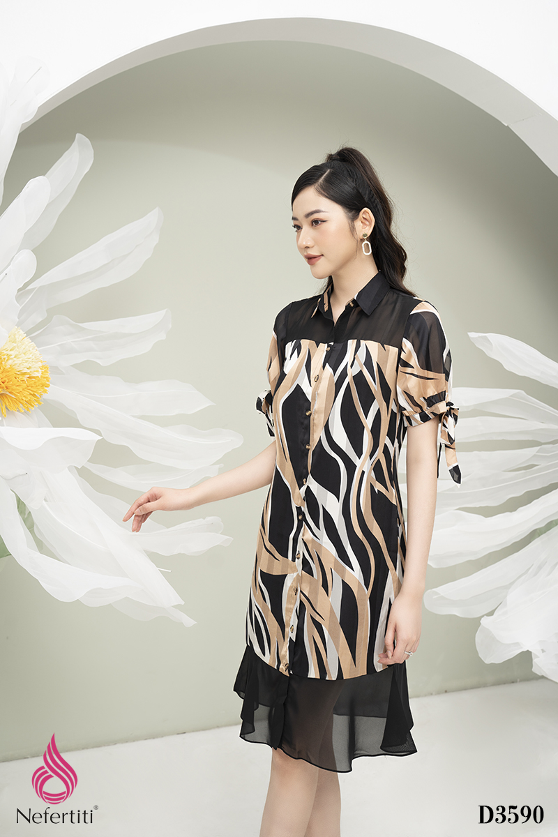 1D3590 - ĐẦM SƠ MI TAY THẮT NƠ CÁCH ĐIỆU