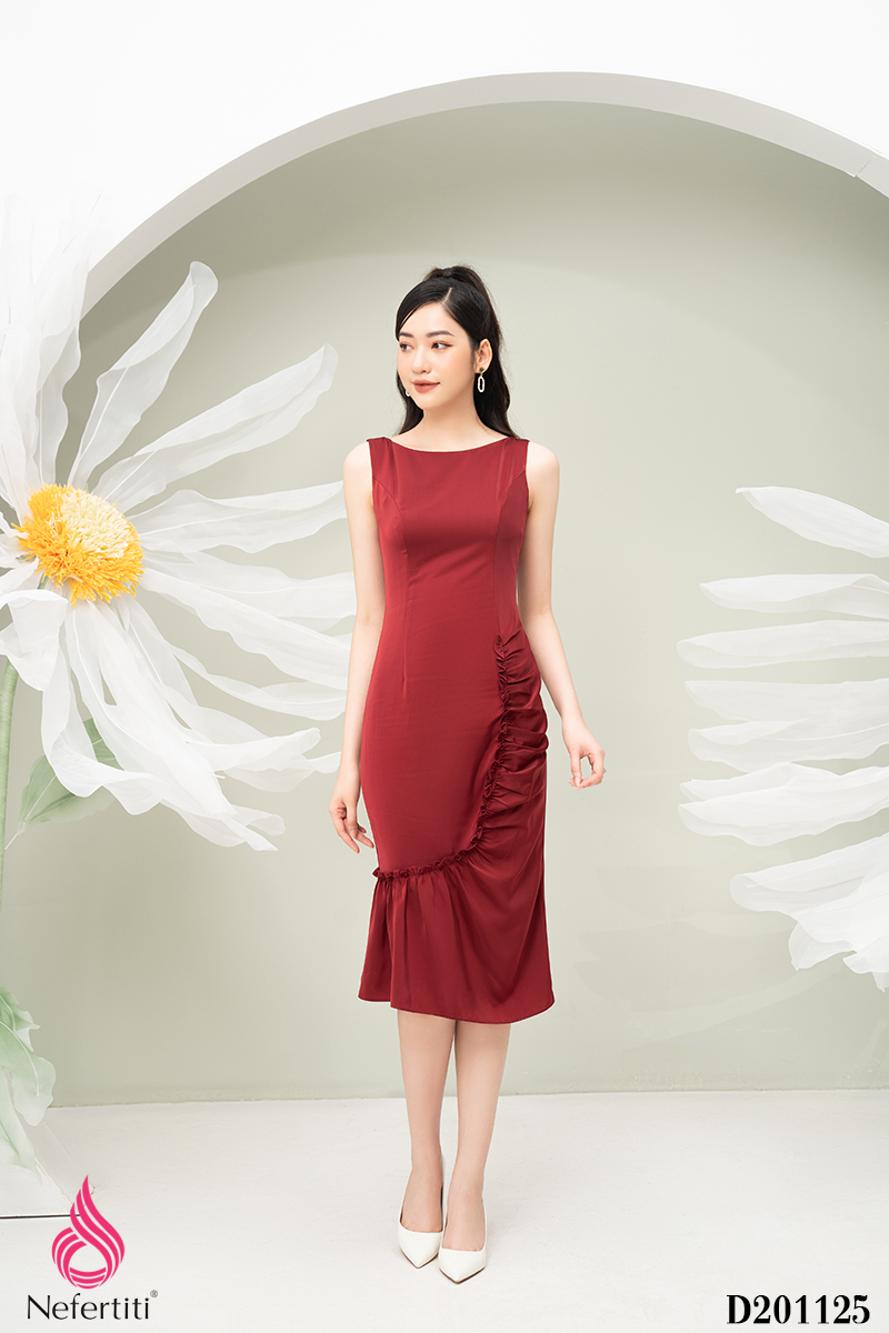 1D201125 - ĐẦM ĐỎ XẾP NHÚN VẠT CÁCH ĐIỆU