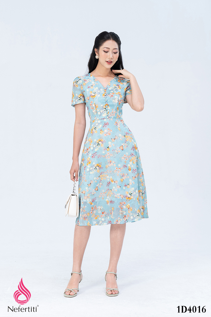 1D4016 - ĐẦM HOA DÁNG XÒE THÂN ĐÍNH CÚC CÁCH ĐIỆU