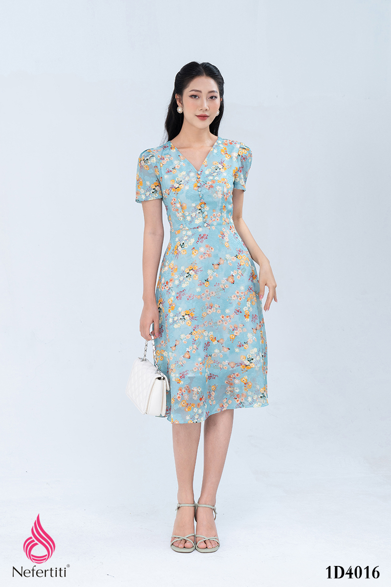 1D4016 - ĐẦM HOA DÁNG XÒE THÂN ĐÍNH CÚC CÁCH ĐIỆU