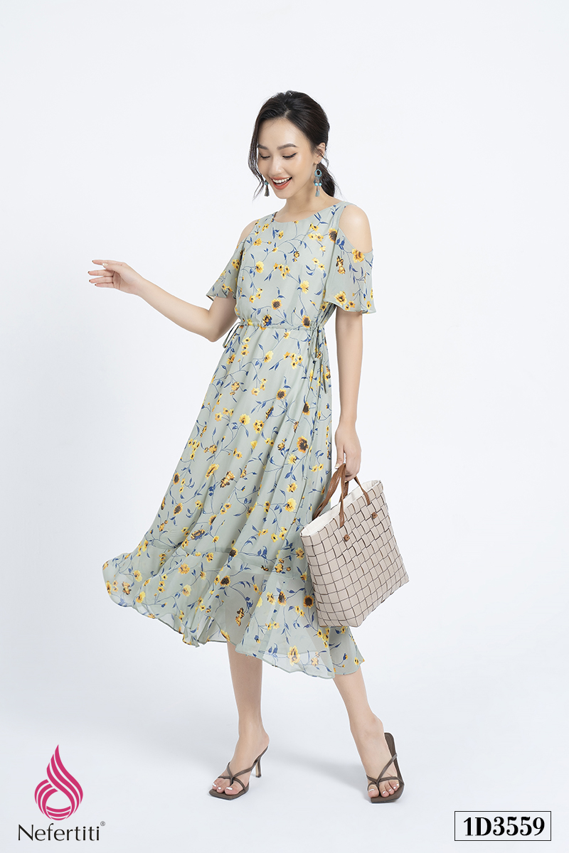 1D3559 - ĐẦM MAXI HỌA TIẾT HOA XANH