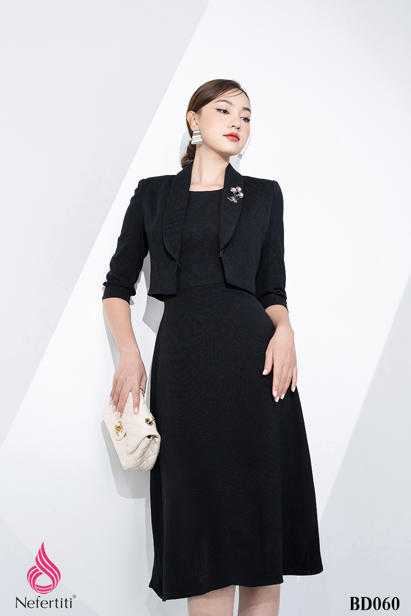 3BD060 - SET ĐẦM ĐEN DÁNG XÒE + VEST LỬNG THANH LỊCH