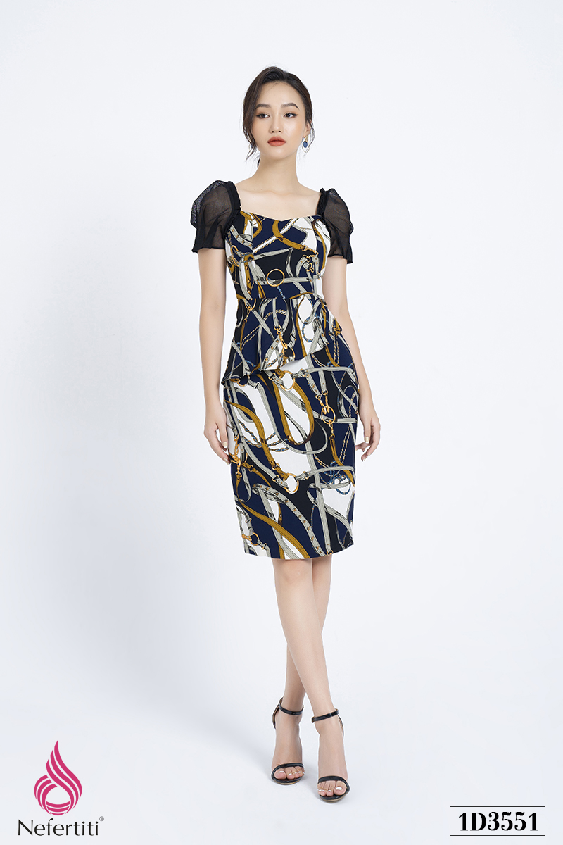 1D3551 - ĐẦM PEPLUM TAY PHỐI LƯỚI