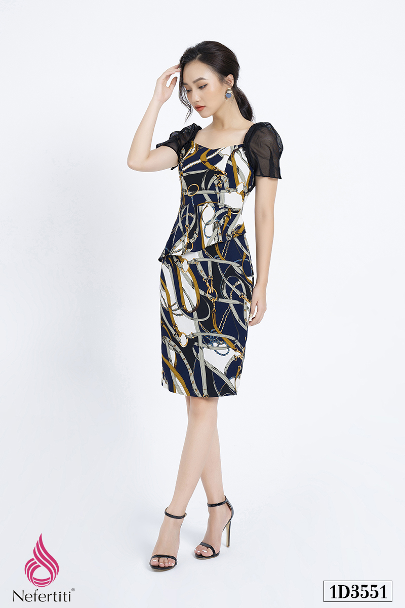 1D3551 - ĐẦM PEPLUM TAY PHỐI LƯỚI