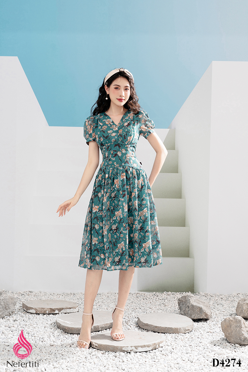 1D4274 - ĐẦM CỔ V EO CAO XẾP LI NGỰC