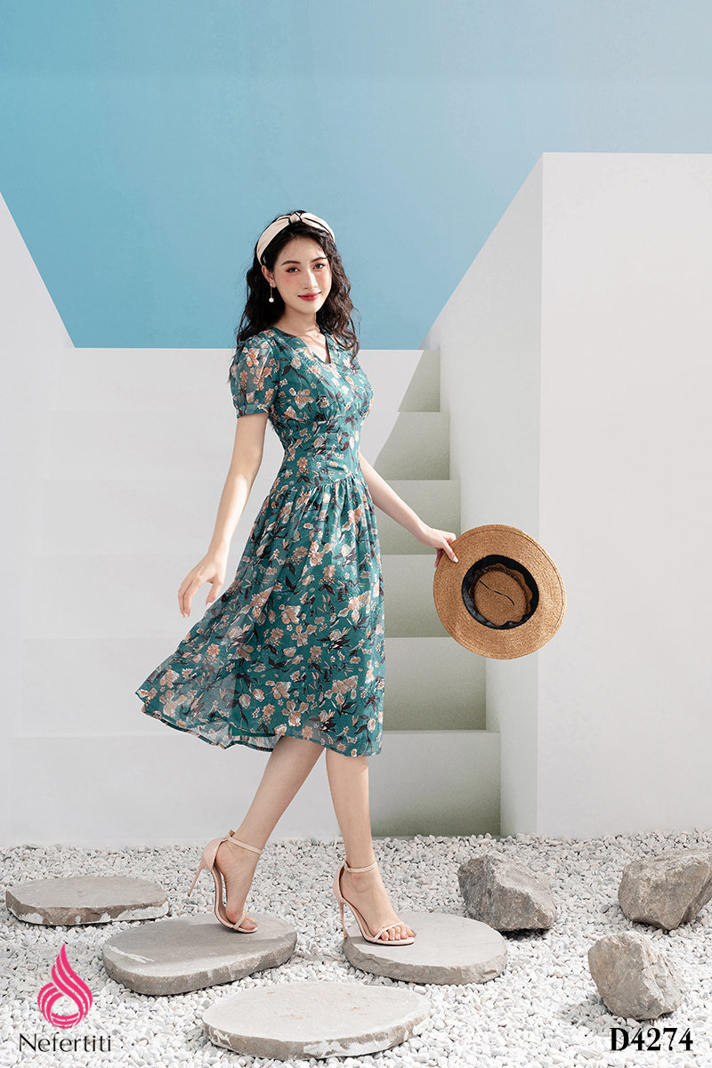 1D4274 - ĐẦM CỔ V EO CAO XẾP LI NGỰC