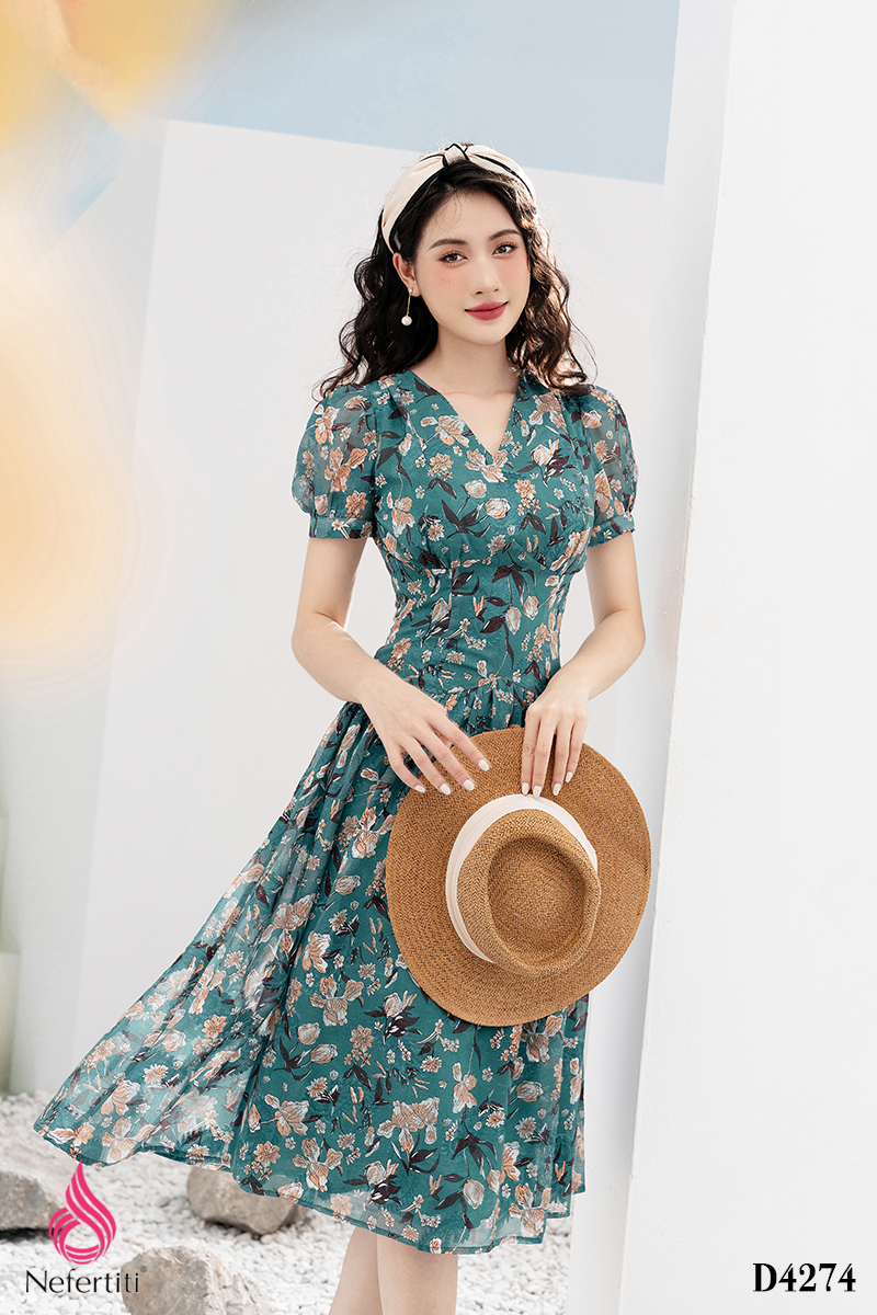 1D4274 - ĐẦM CỔ V EO CAO XẾP LI NGỰC