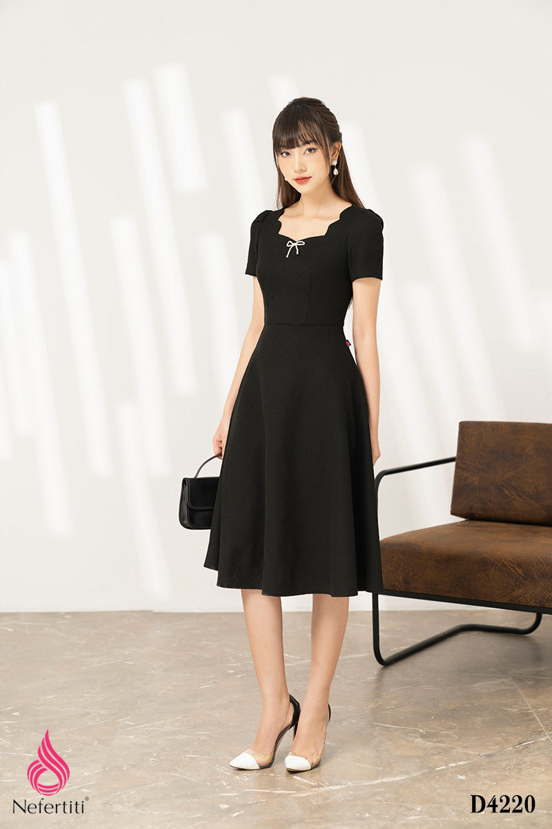3D4220 - ĐẦM CỔ VUÔNG ĐÍNH NƠ