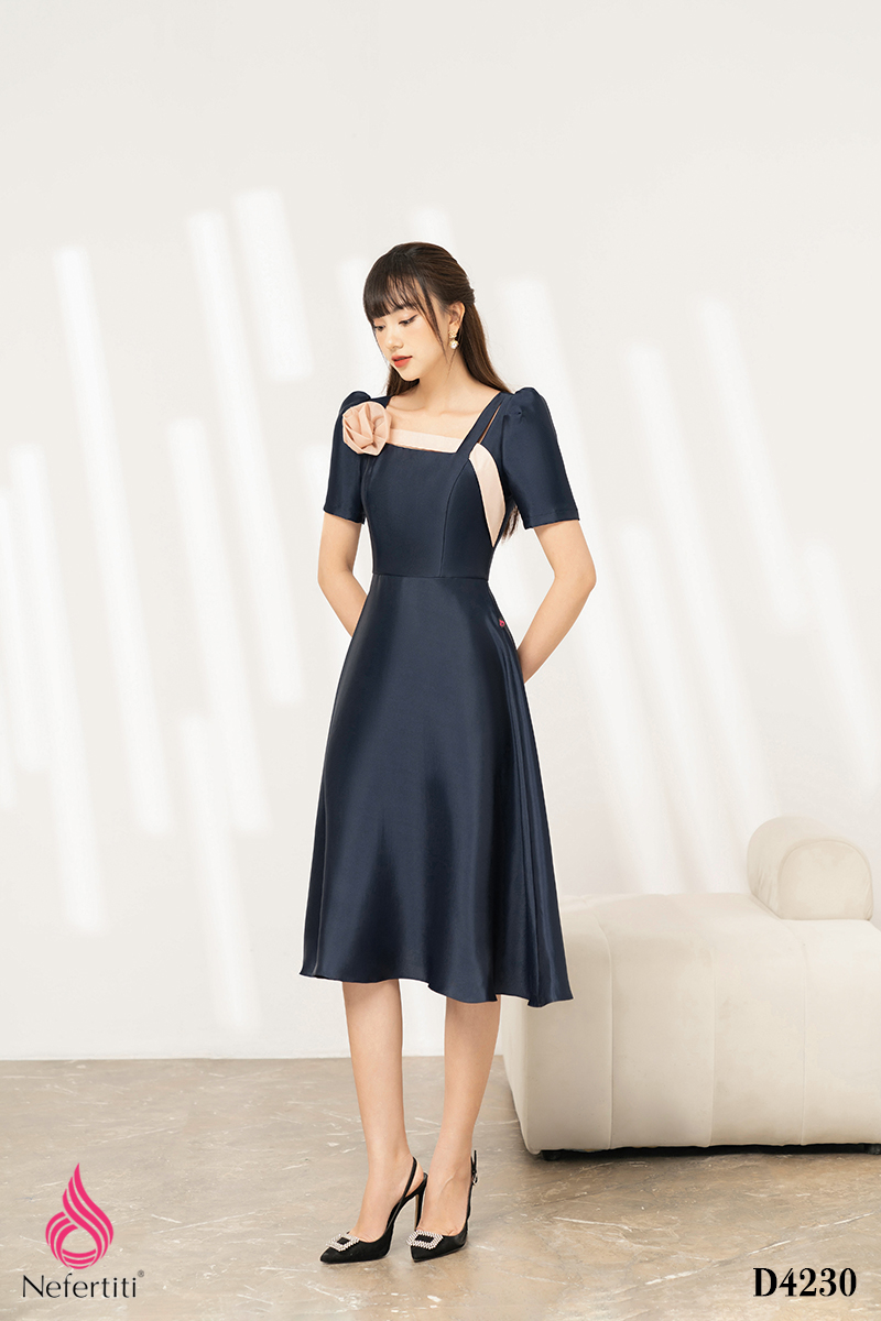 3D4230 - ĐẦM XÒE CỔ VUÔNG ĐÍNH HOA