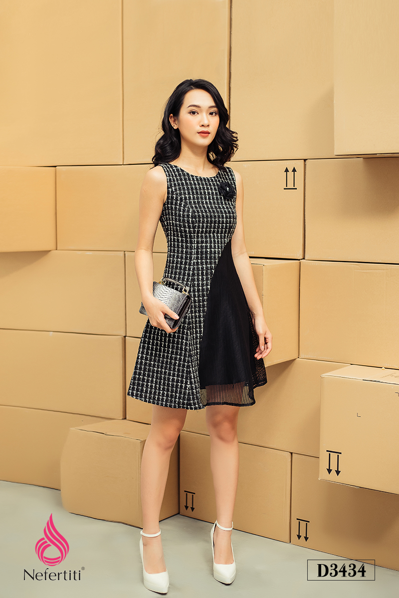 3D3434 - ĐẦM DẠ TWEED PHỐI LƯỚI
