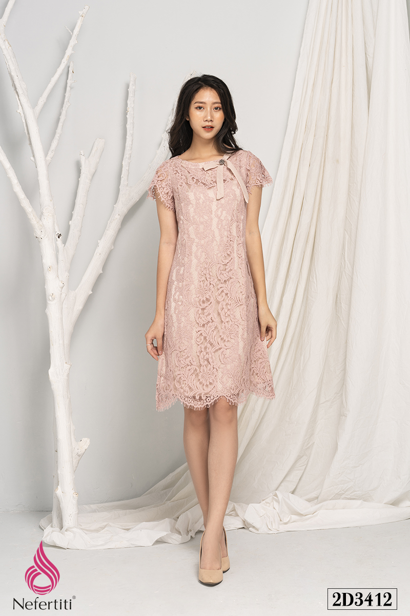 2D3412 - ĐẦM REN HỒNG THẮT NƠ CỔ