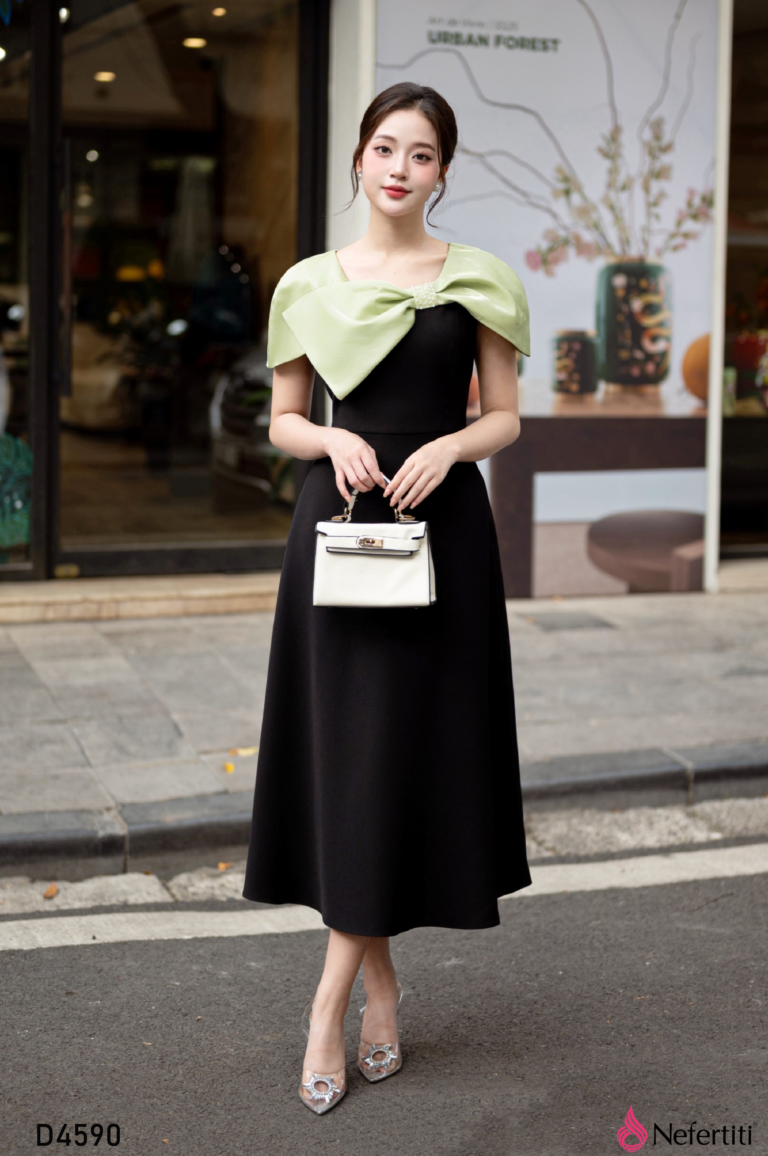 3D4590 - Đầm Kiểu Nơ Xanh Trẻ Trung