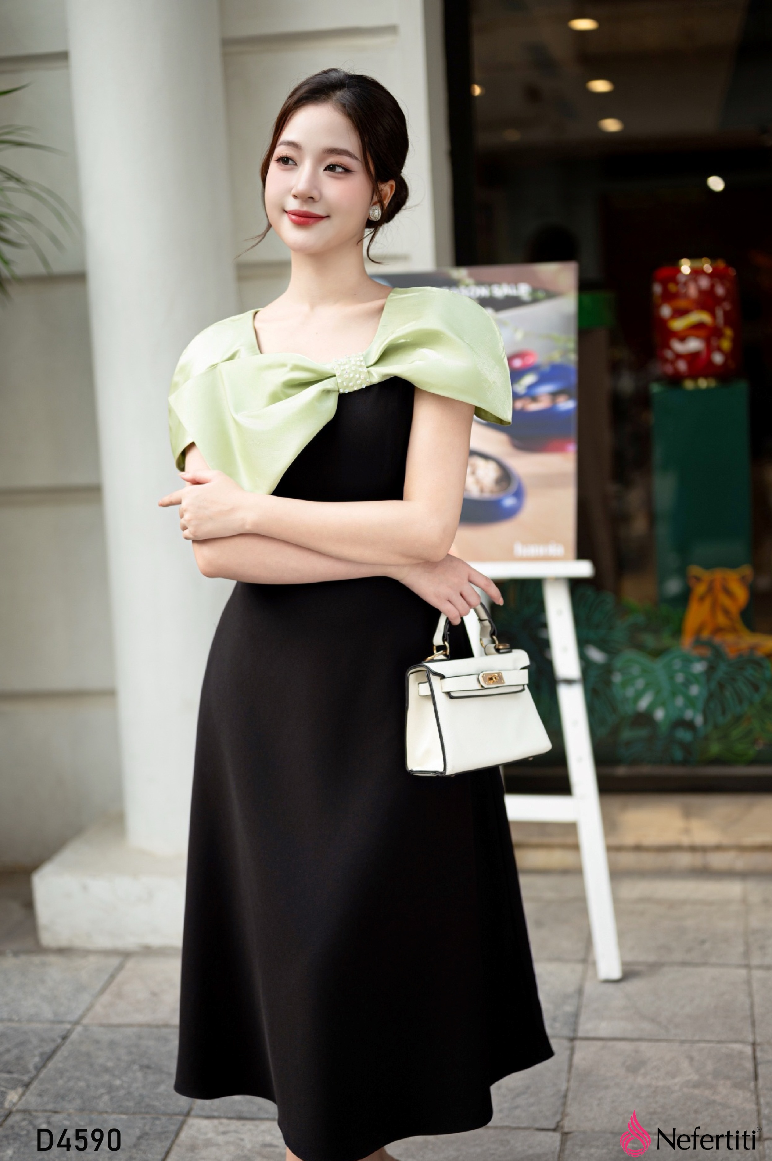 3D4590 - Đầm Kiểu Nơ Xanh Trẻ Trung