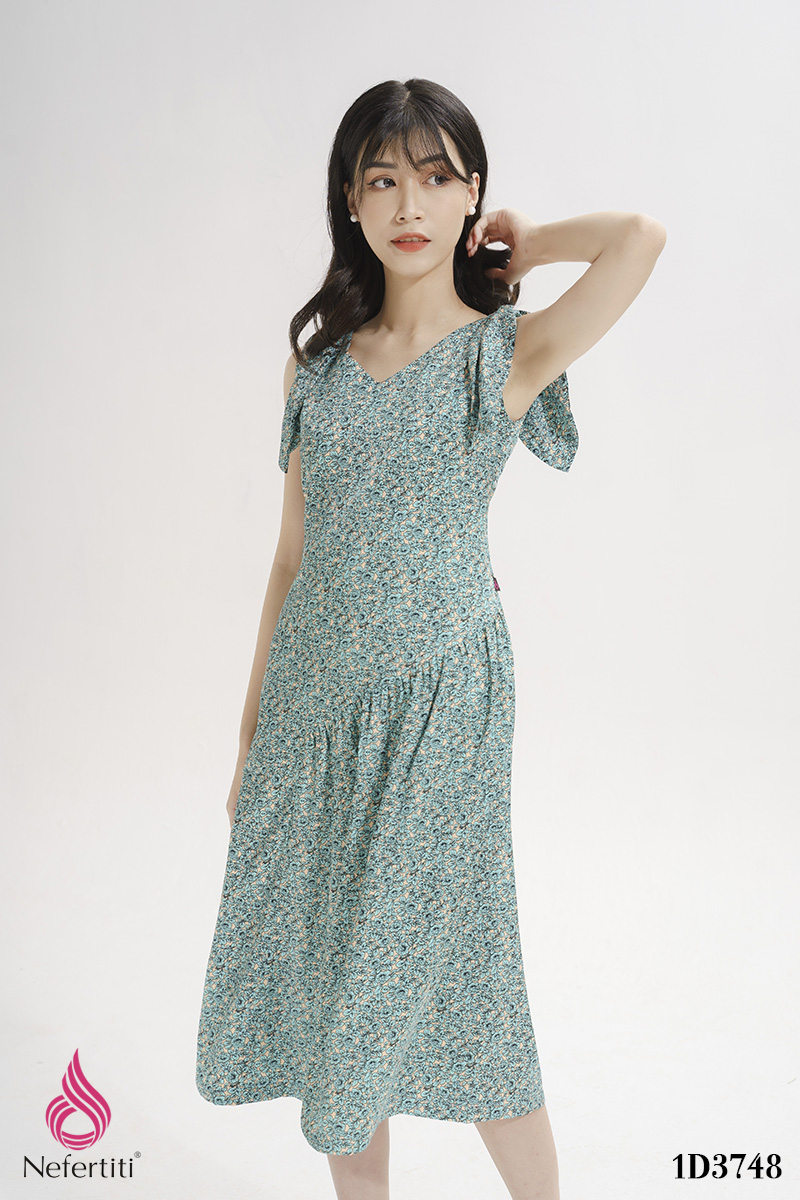 Đầm xoè thiết kế tay dài xẻ tà họa tiết hoa nhí xinh xắn | Đầm xòe đẹp