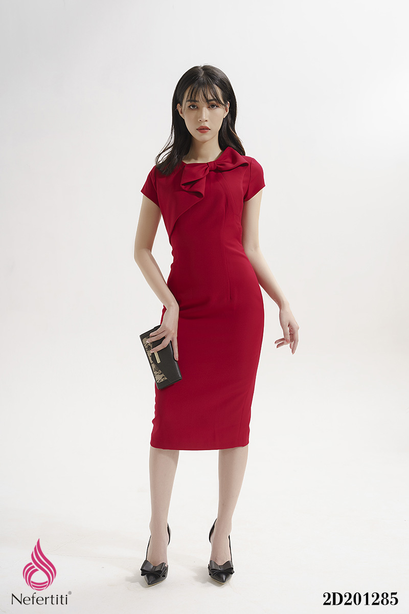 2D201285 - ĐẦM ĐỎ NƠ CỔ DÁNG ÔM