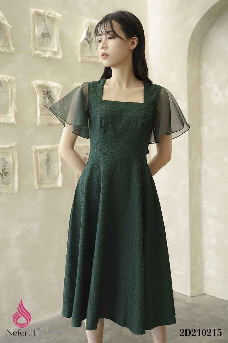 2D210215 - ĐẦM XANH CỔ VUÔNG PHỐI TAY VOAN