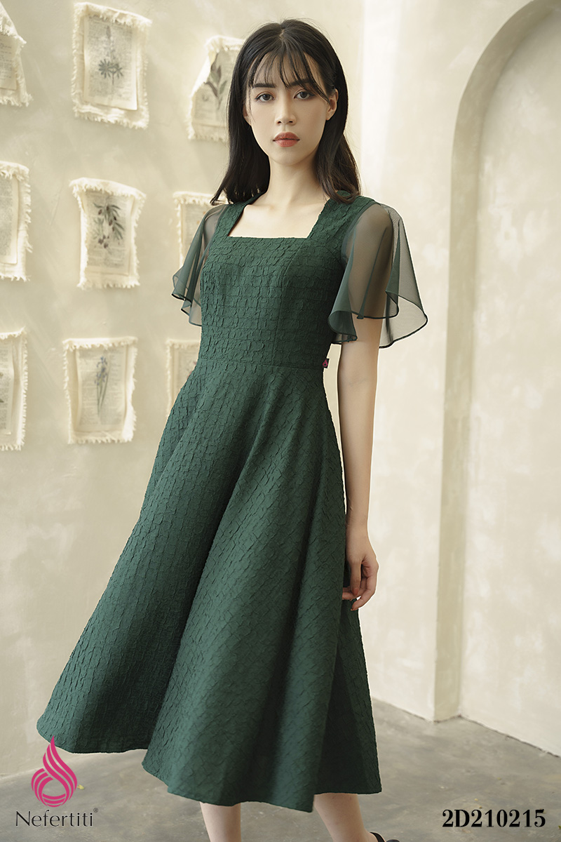 2D210215 - ĐẦM XANH CỔ VUÔNG PHỐI TAY VOAN