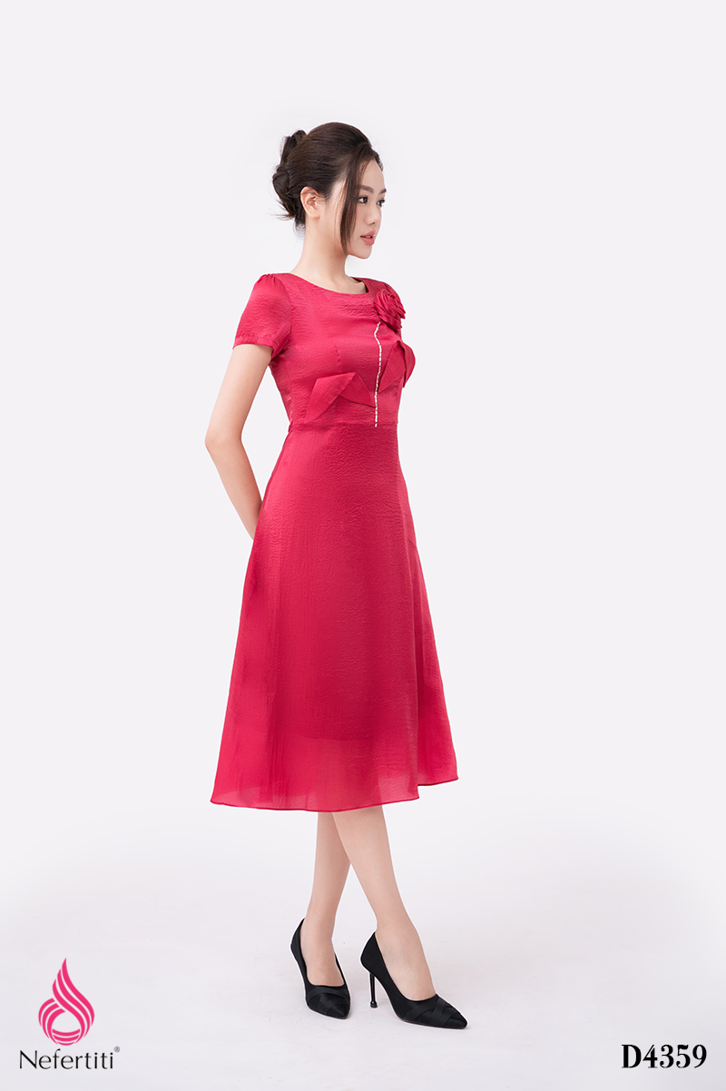 1D4359 - ĐẦM HỒNG ĐÍNH HOA 3D TRANG TRÍ