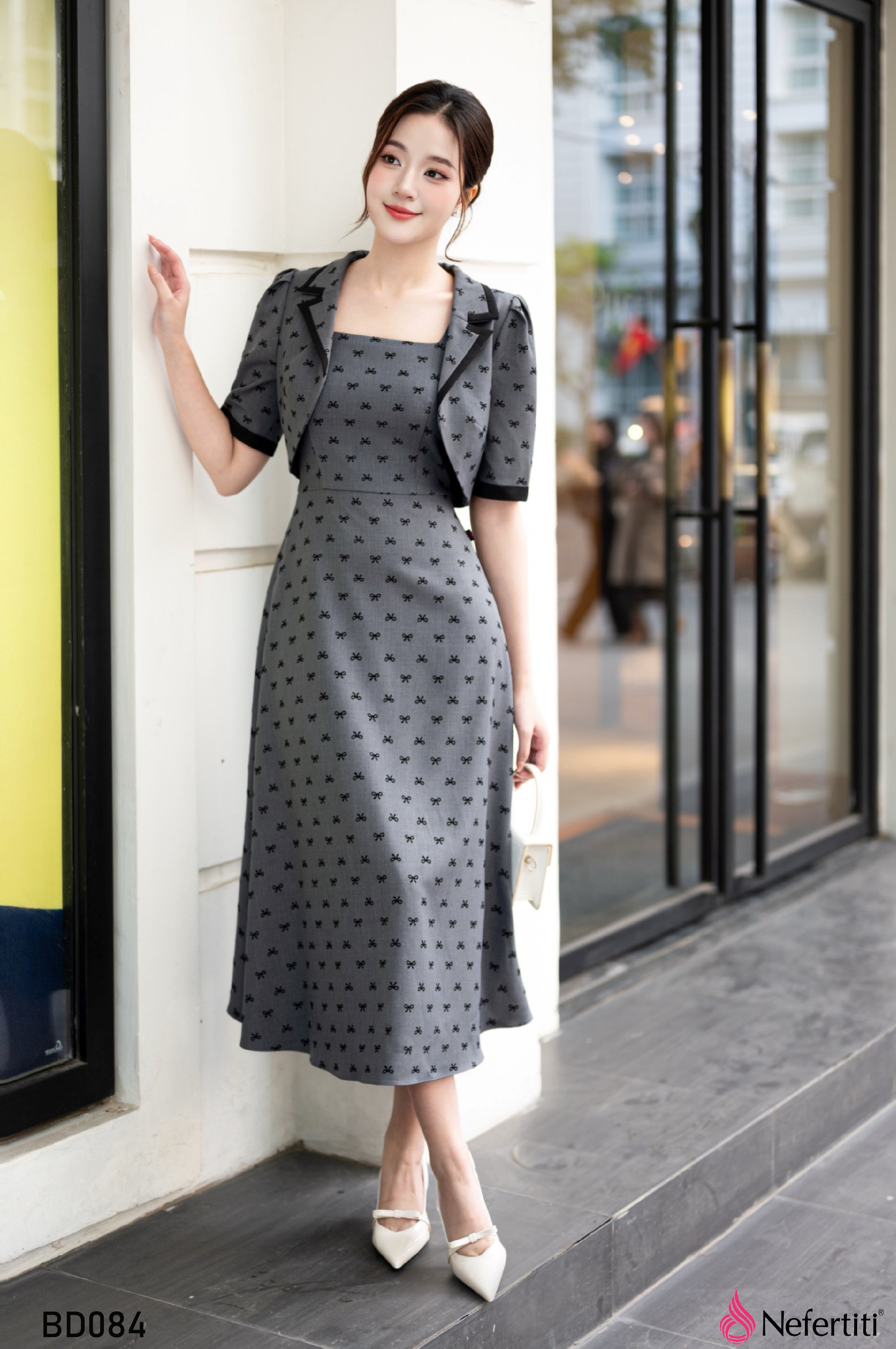 3BD084 - Bộ Đầm Họa Tiết Nơ Nhỏ Thanh Lịch