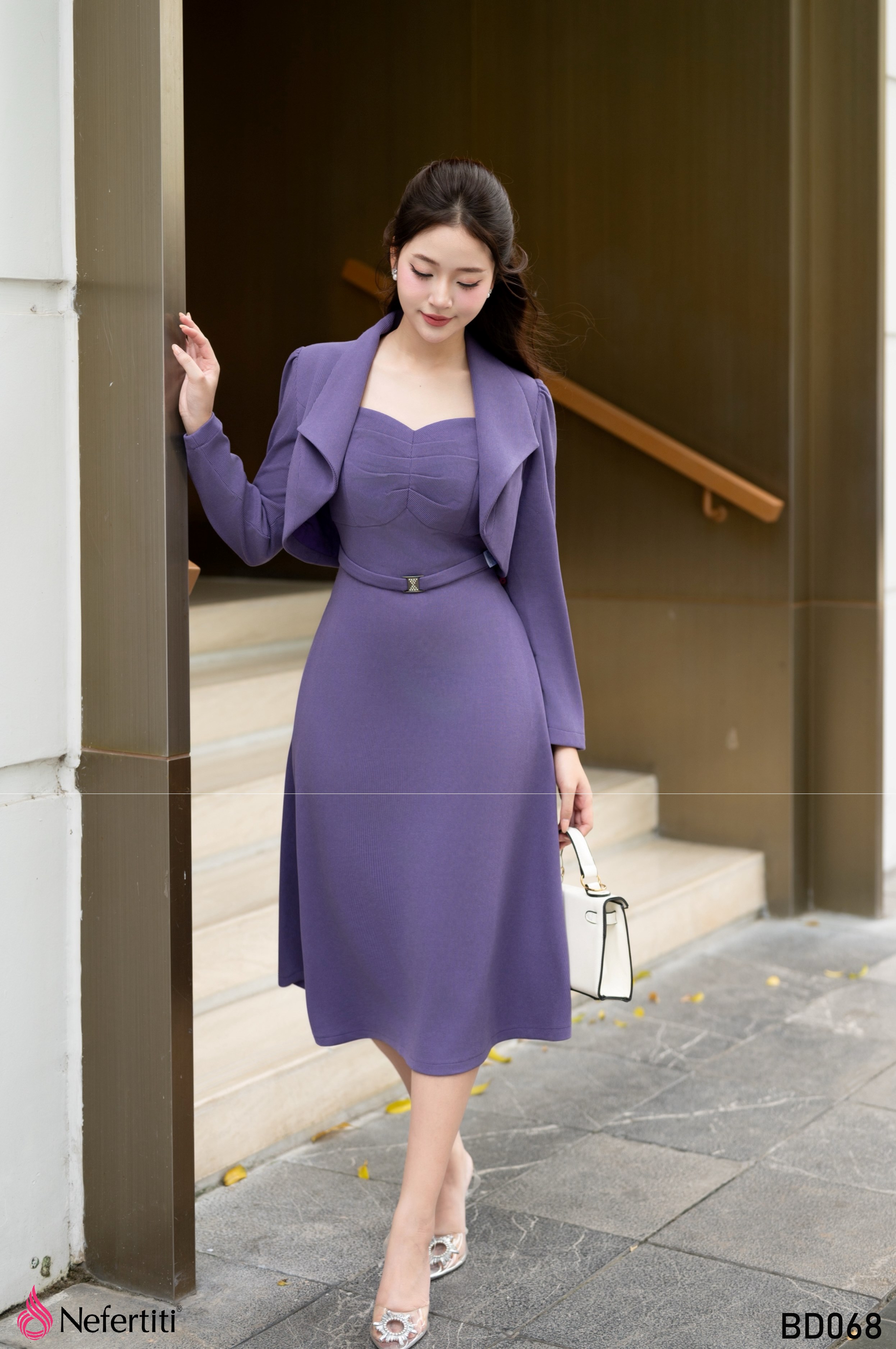 3BD068  - SÉT ĐẦM TÍM DÁNG XÒE + ÁO KHOÁC LỬNG TRẺ TRUNG