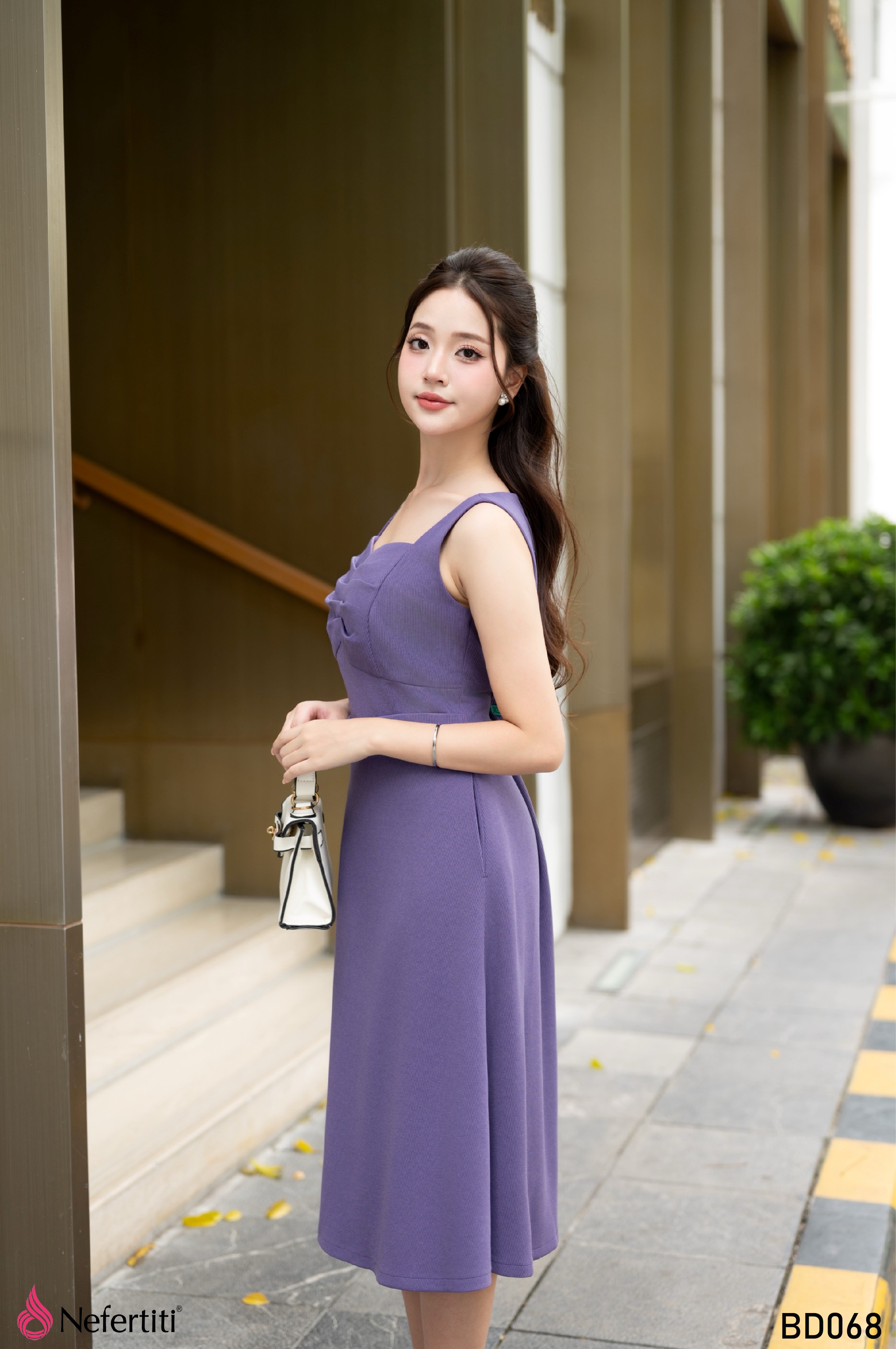 3BD068  - SÉT ĐẦM TÍM DÁNG XÒE + ÁO KHOÁC LỬNG TRẺ TRUNG