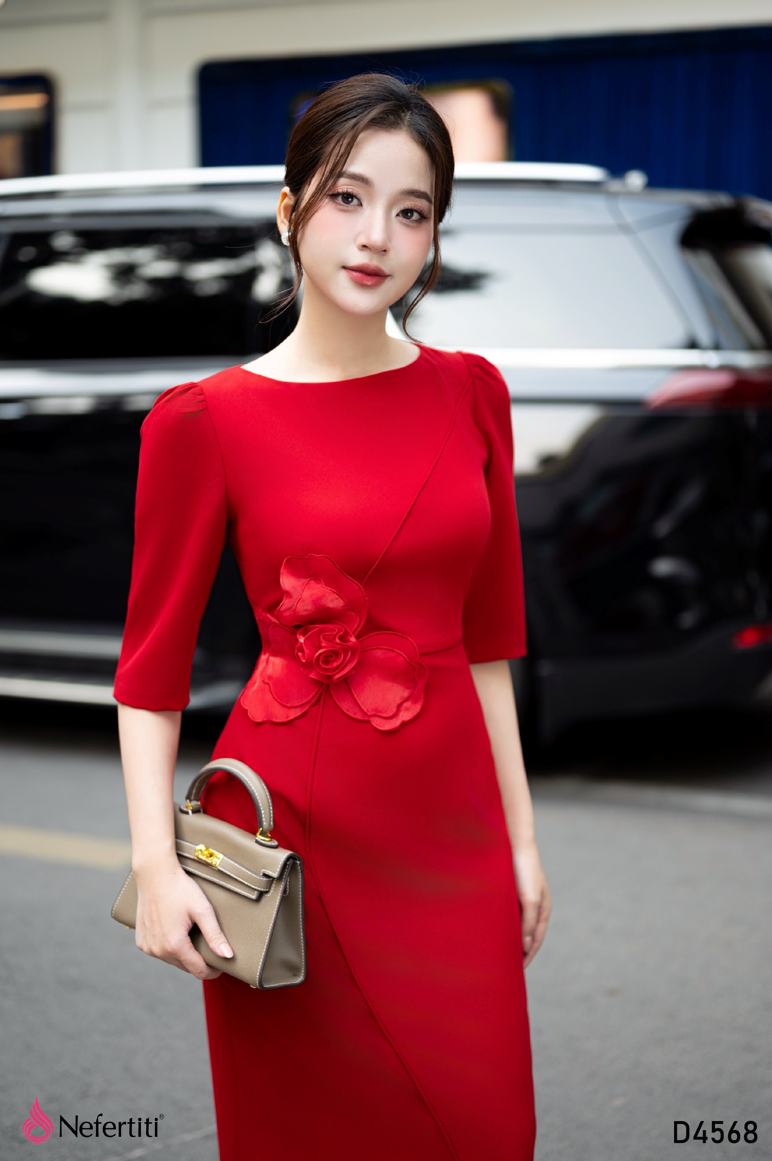 3D4568 - Đầm Đỏ Body Hoa 3D Nổi Bật