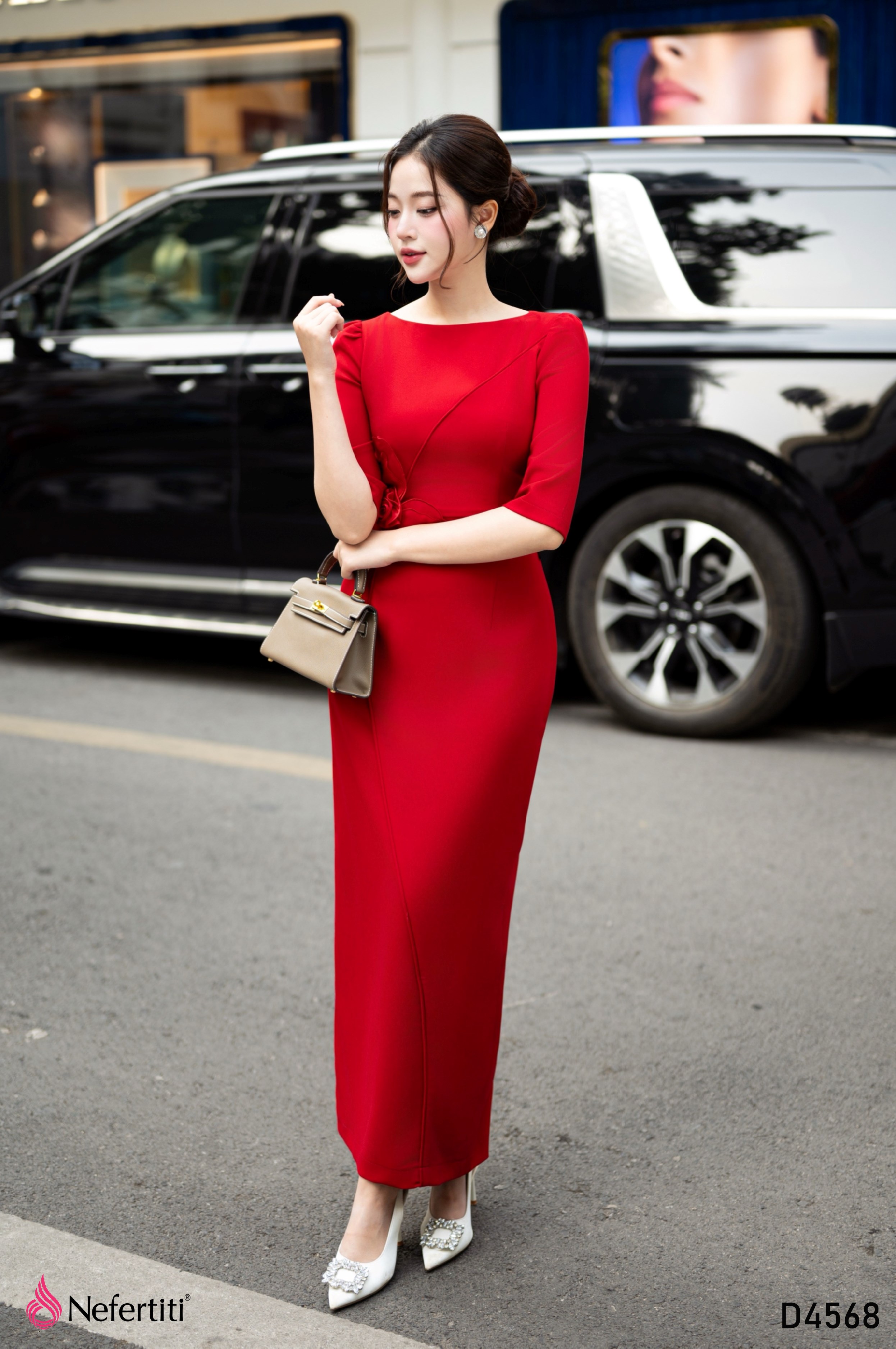 3D4568 - Đầm Đỏ Body Hoa 3D Nổi Bật