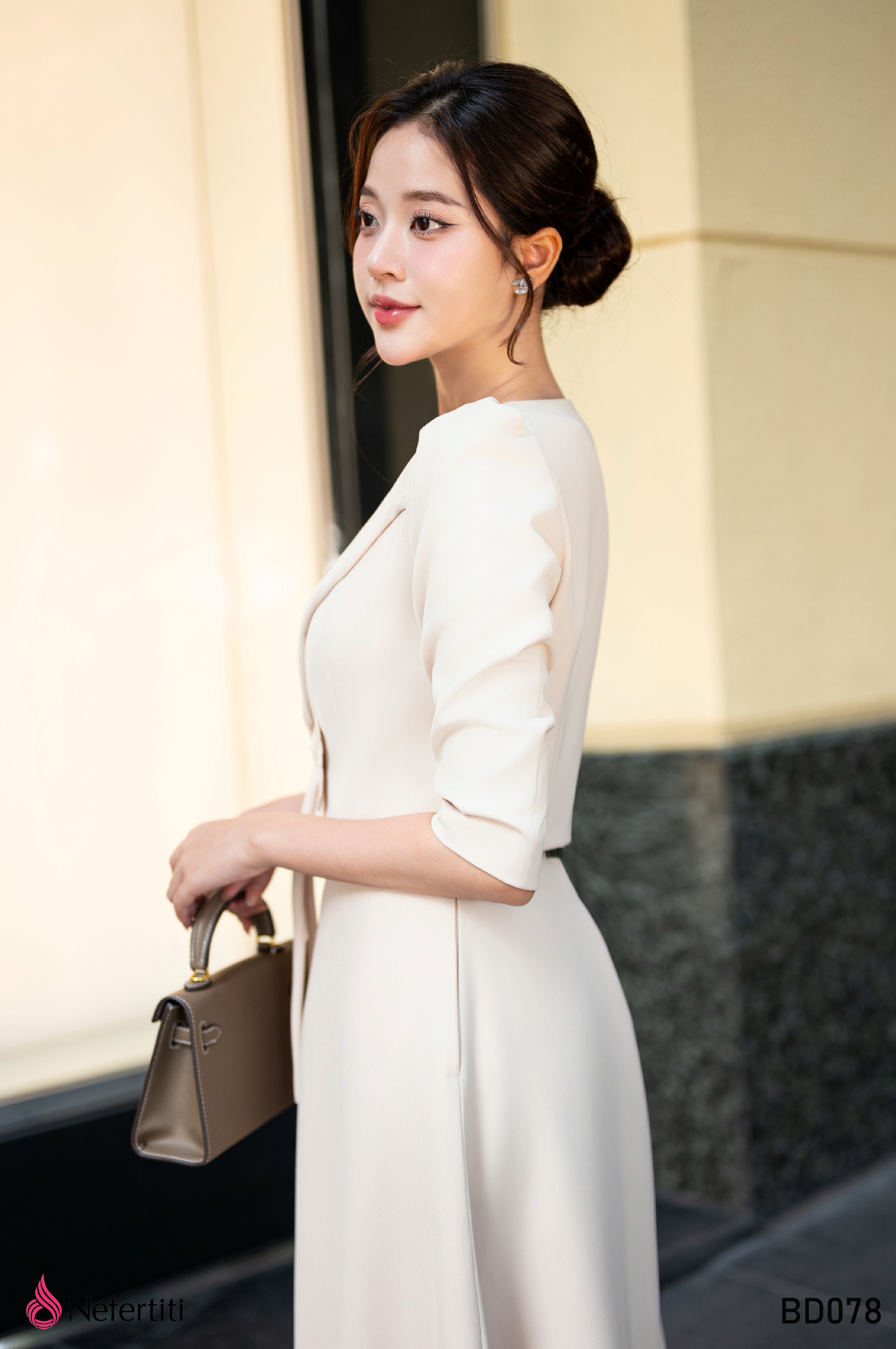 3BD078 - Bộ đầm kem dịu dàng nơ bướm