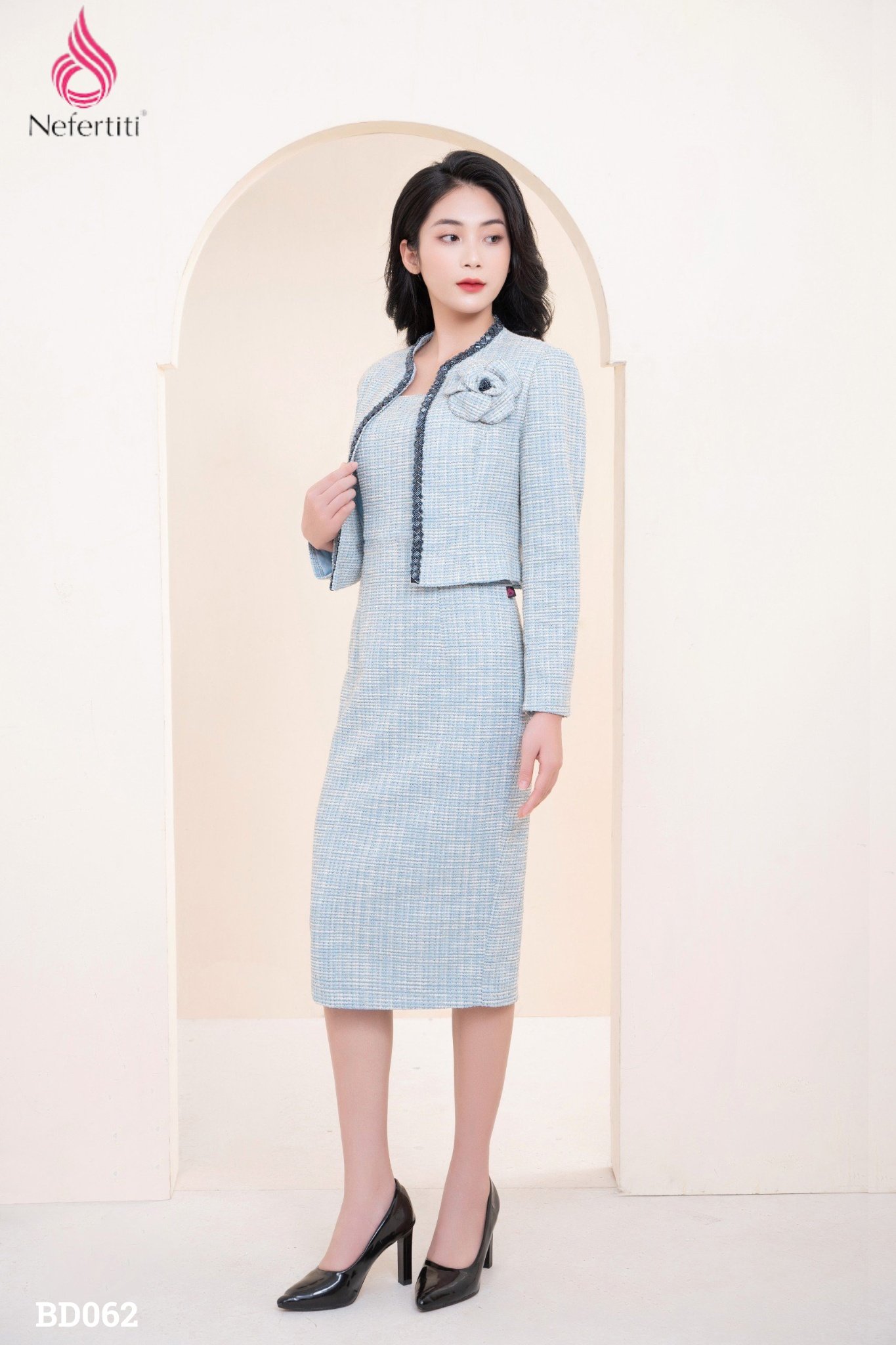 3BD062 - Bộ đầm dạ Tweed Xanh