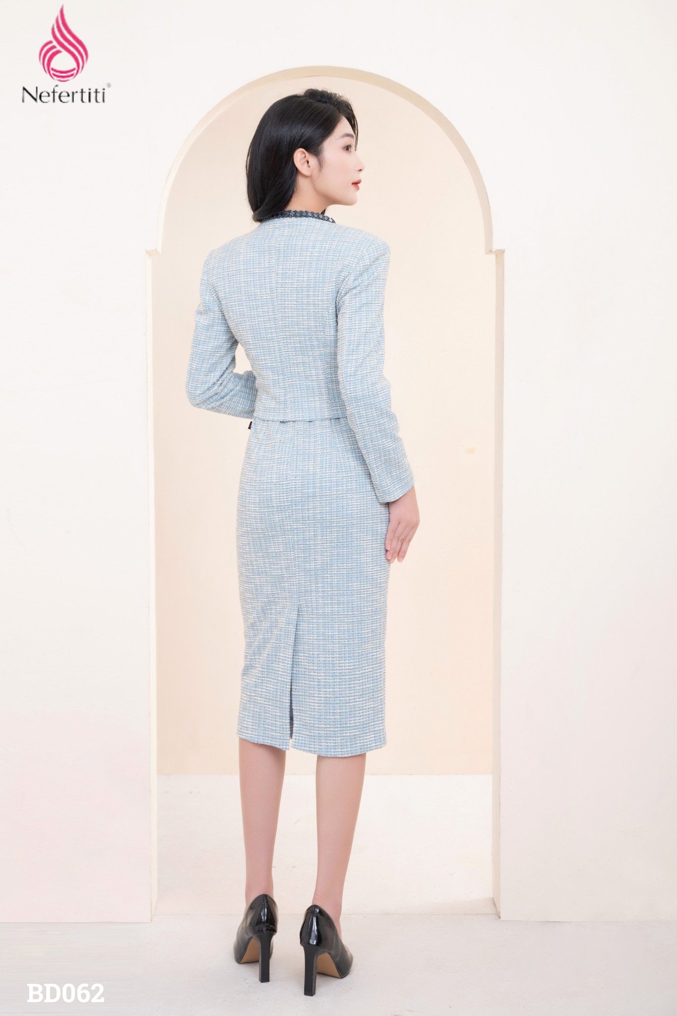 3BD062 - Bộ đầm dạ Tweed Xanh