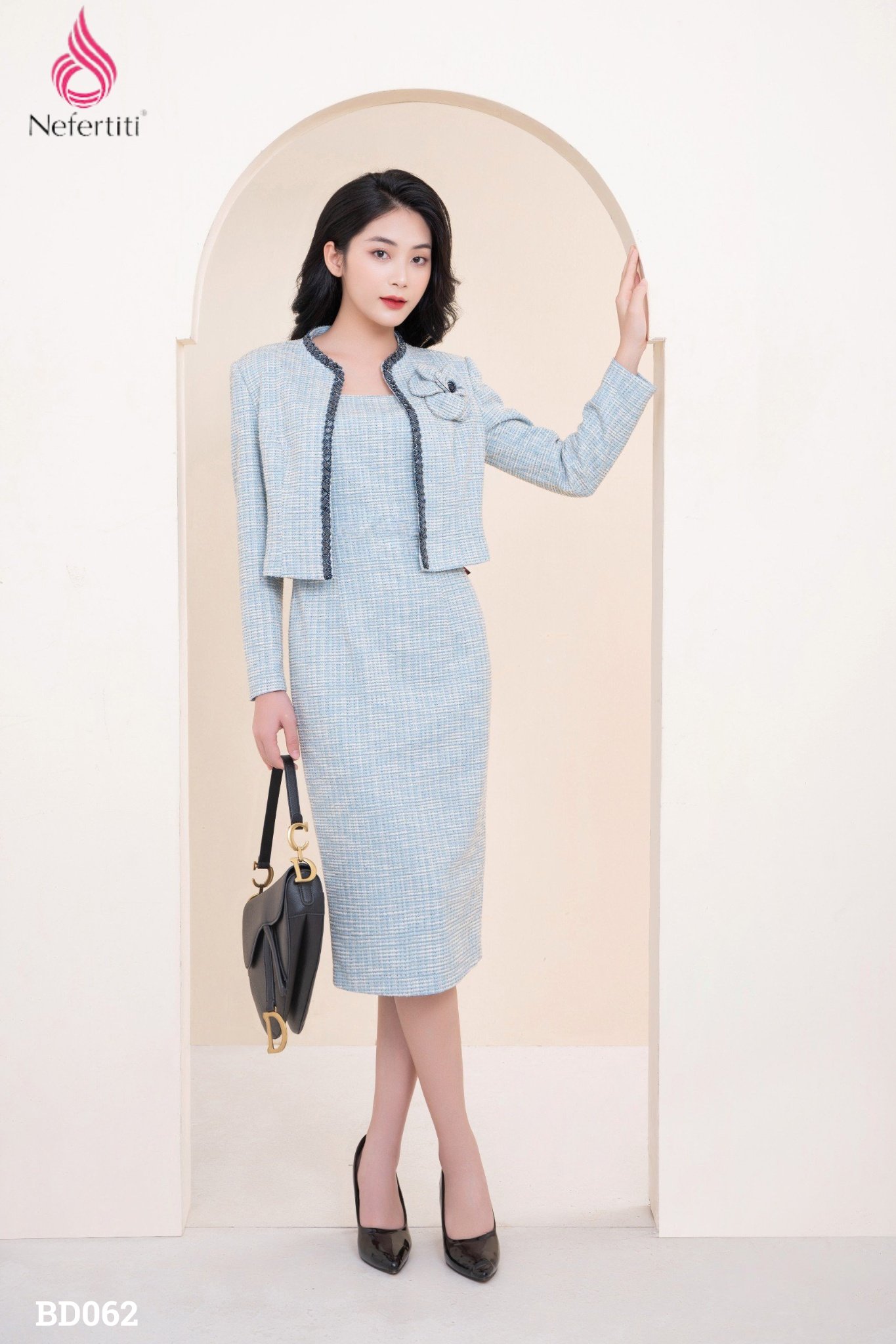 3BD062 - Bộ đầm dạ Tweed Xanh