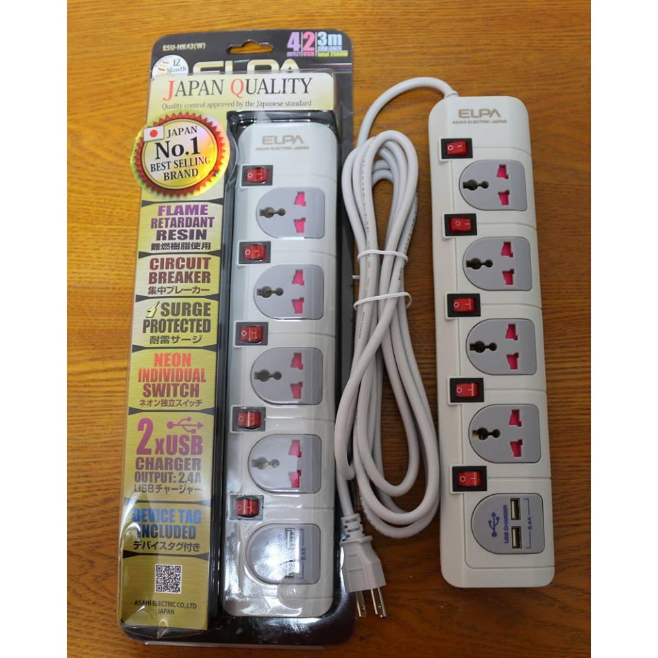 Ổ cắm điện đa năng 4 ổ cắm + 2 cổng USB chính hãng ELPA JAPAN kèm công tắc ESU-HK43
