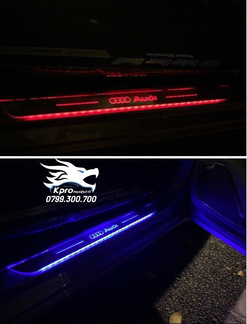 Bộ 2 ốp chống trầy bậc bước cửa trước ô tô đèn led đổi màu logo