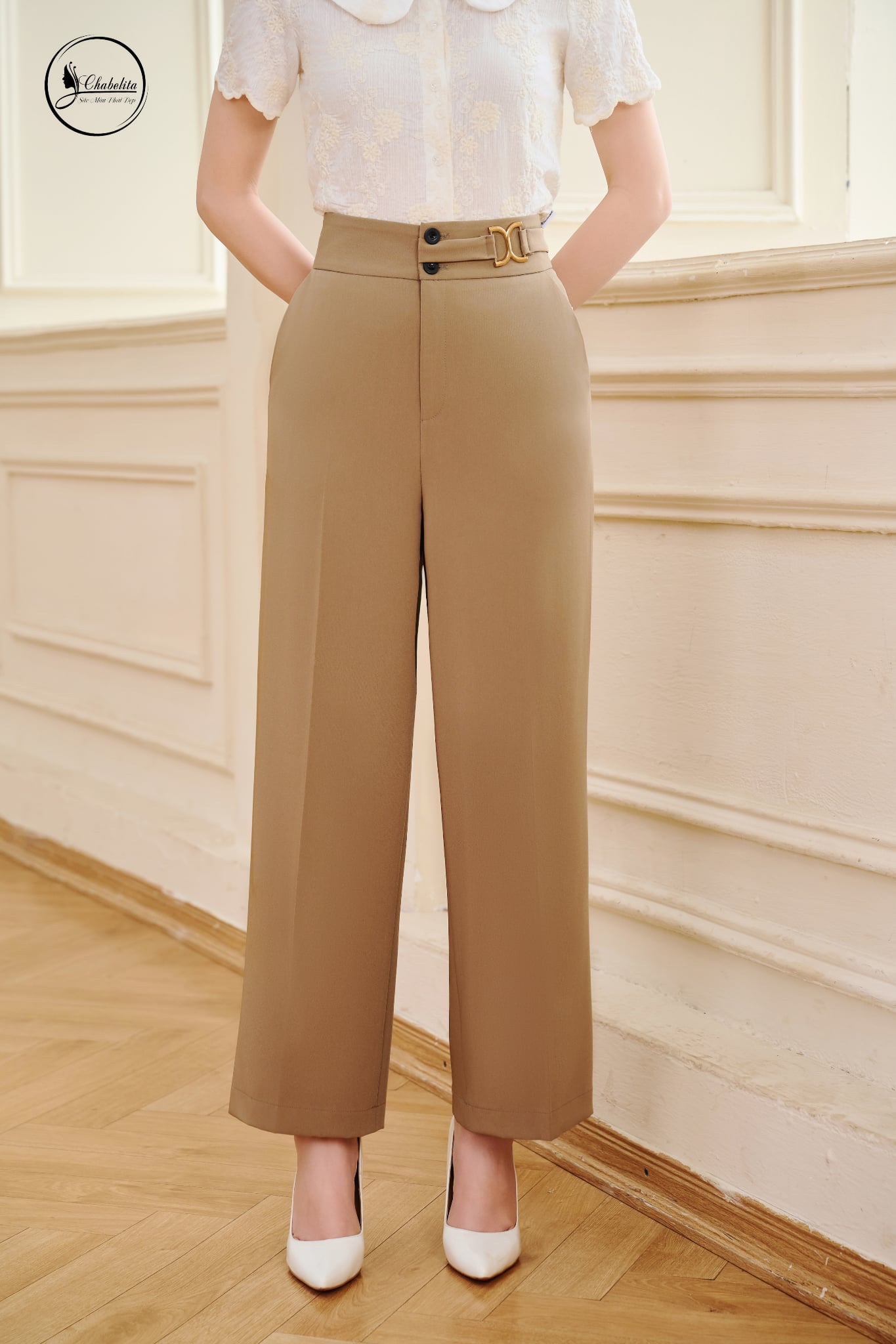 Quần suông cạp cách điệu màu nâu