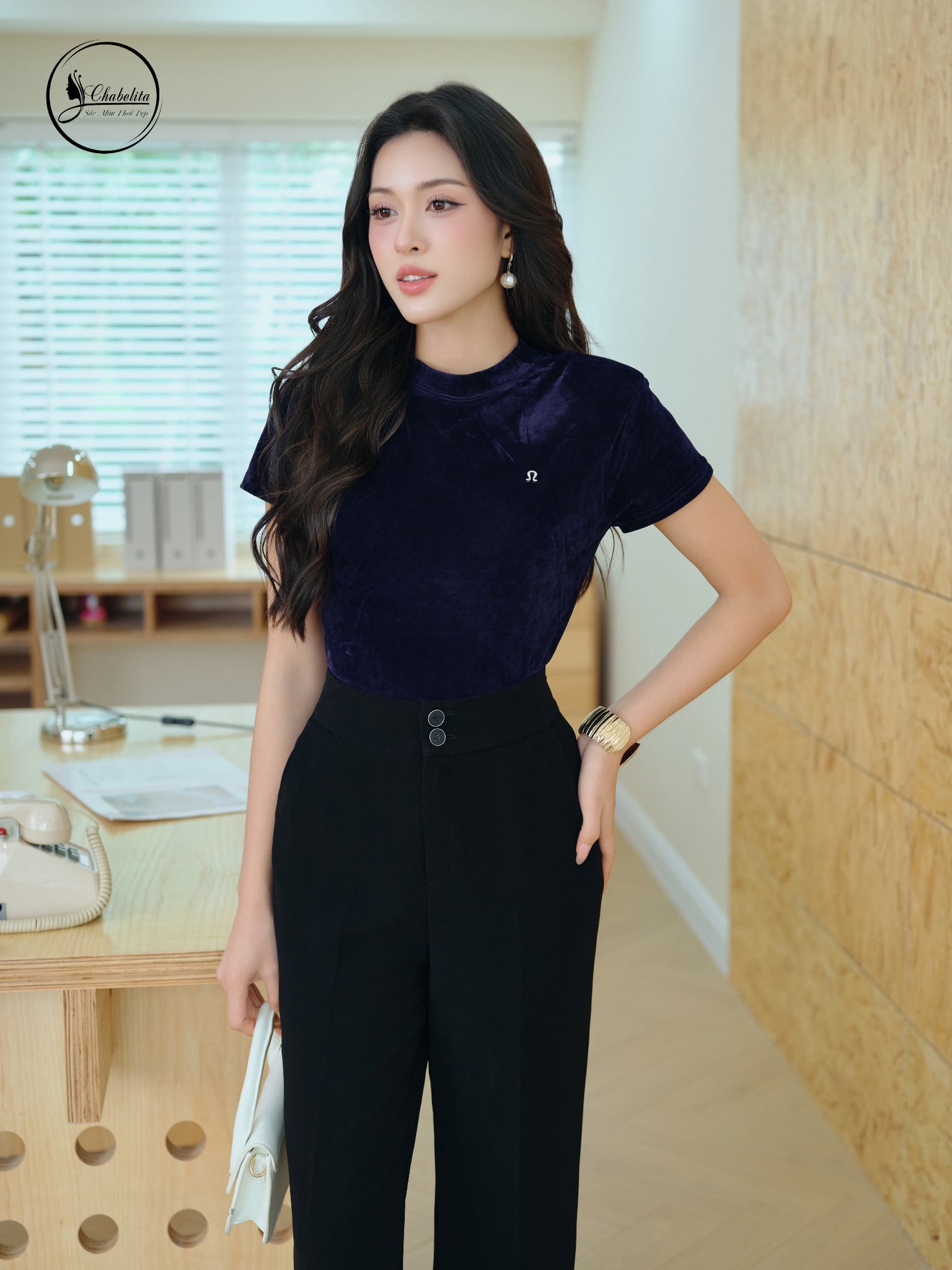 Áo nhung cổ 3 phân màu xanh than