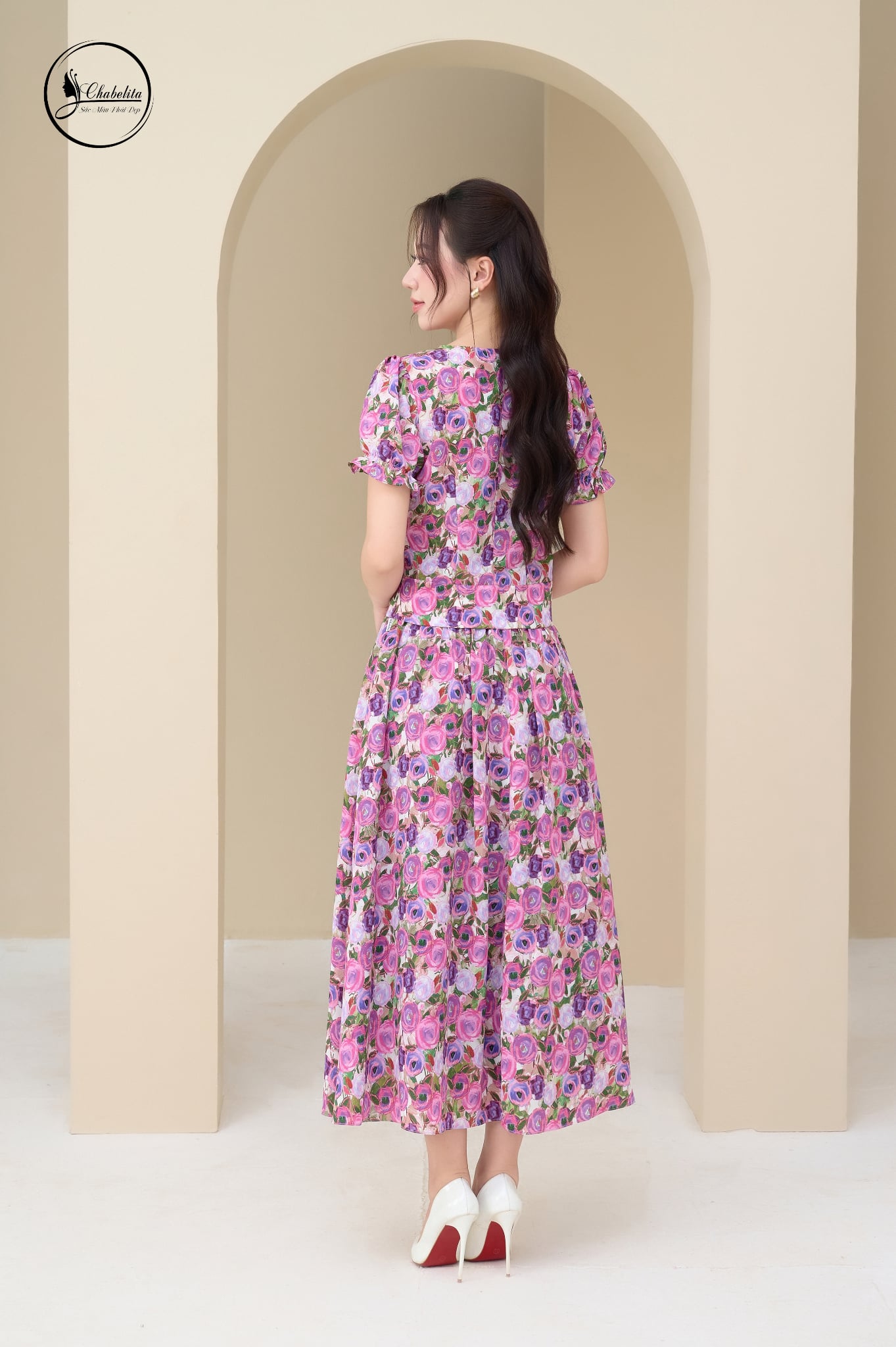 Sét bộ hoa sơ mi crotop phối chân váy màu tím