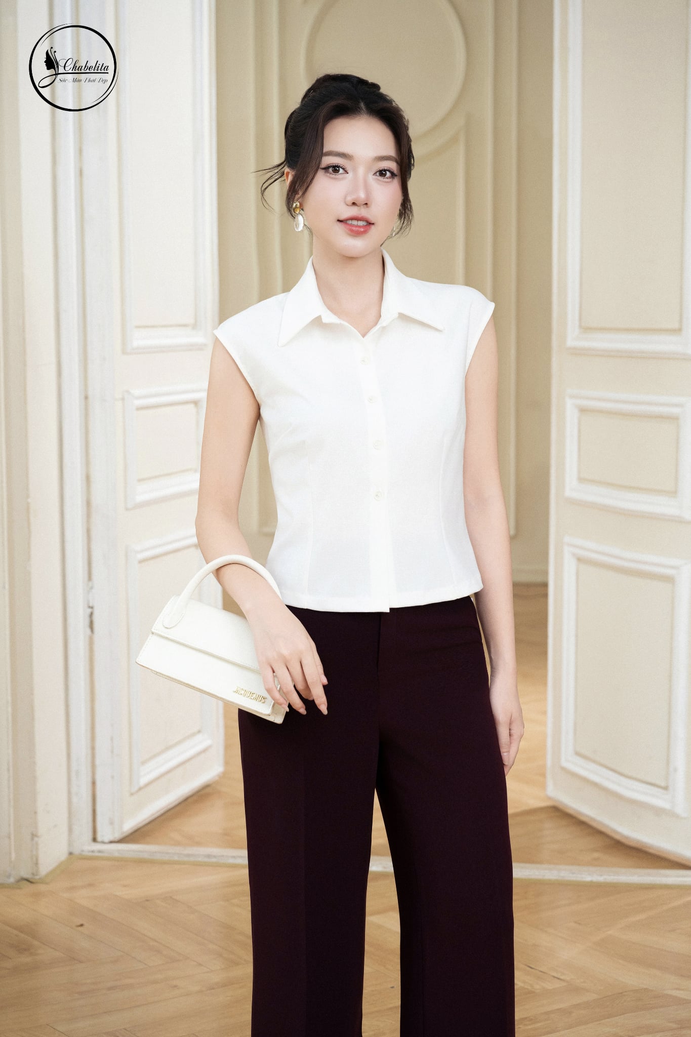 Áo cổ đức tay hến đũi trắng