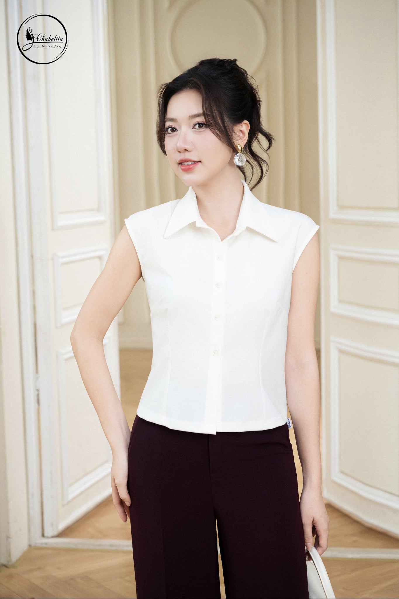 Áo cổ đức tay hến đũi trắng