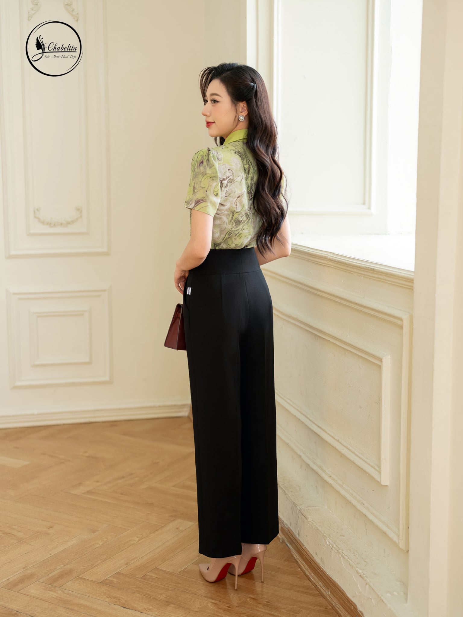 Áo sơ mi họa tiết cổ đức màu cốm